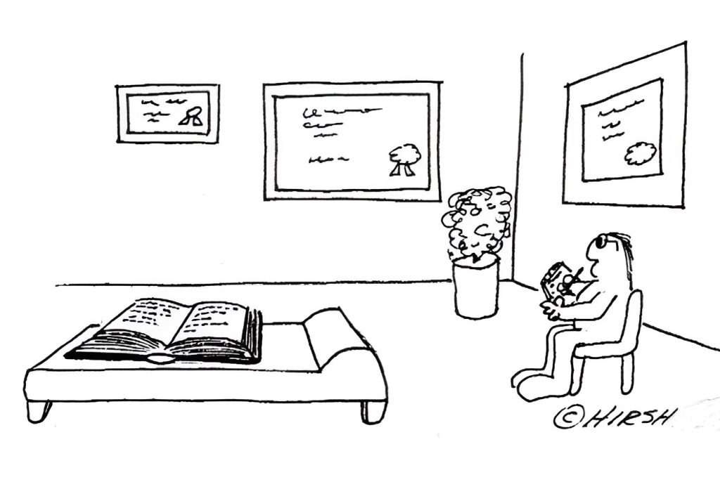 allan hirsh open book on couch cartoon 