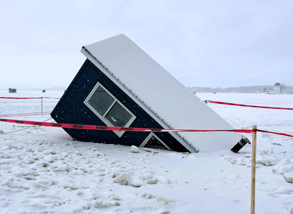 cogeco photo of ice hut sinking in Callander Bay